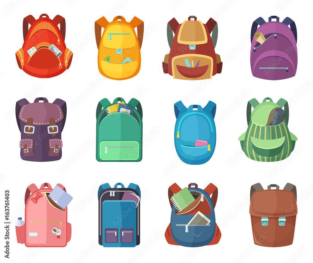 Different schoolbags in cartoon style isolate on white background. Vector education illustrations Different schoolbags in cartoon style isolate on white background. Vector education illustrations
