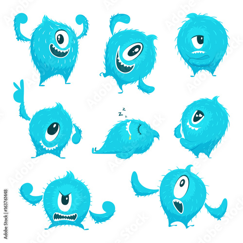 Vector colored monster in cartoon style. Different action poses and cute faces