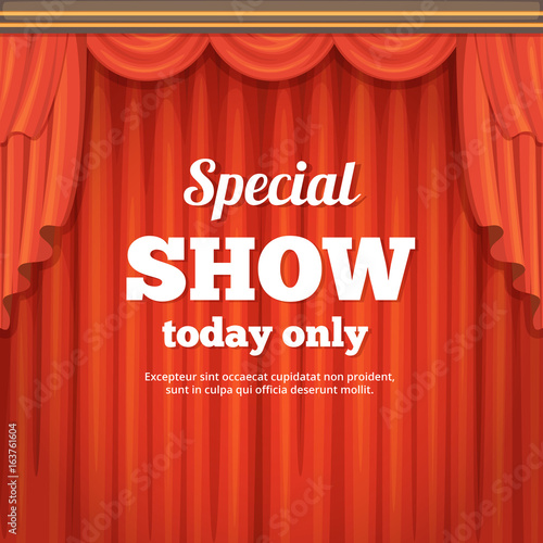 Poster with theater stage and red curtain. Cartoon style illustration