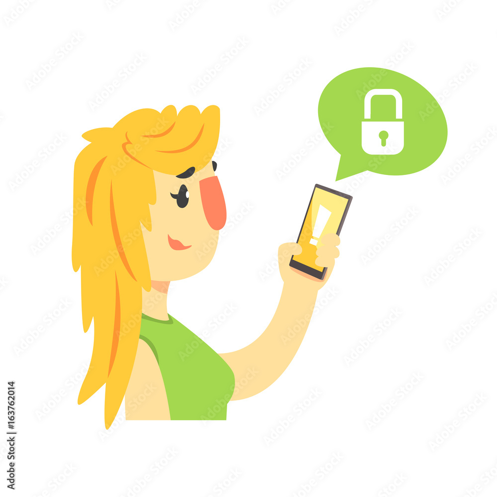 Cartoon woman holding smartphone protected from hacker threats, cybersecurity cartoon vector Illustration Cartoon woman holding smartphone protected from hacker threats, cybersecurity cartoon vector Illustration