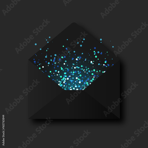 Stylish black paper vector envelope letter with green blue turquoise glitter sequins on dark black background
