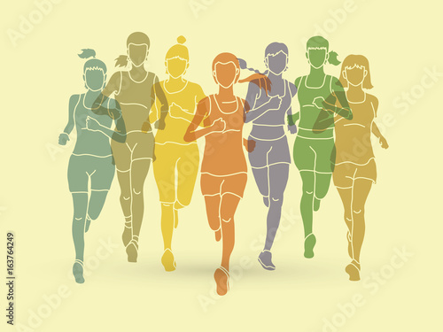 Women running, Marathon runners, Group of people running designed using colorful graphic vector.
