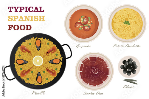 Typical Spanish Food. Gazpacho, Potato Omelette, Iberian Ham, Olives