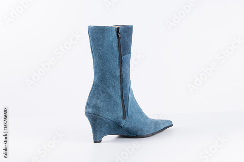 Female Blue Boot on White Background, Isolated Product, Top View, Studio.