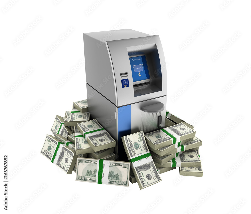 ATM surrounded by 100 dollar bankrolls Bank Cash Machine in pile of money american dollar bills isolated on white background 3d without shadow ATM surrounded by 100 dollar bankrolls Bank Cash Machine in pile of money american dollar bills isolated on white background 3d without shadow