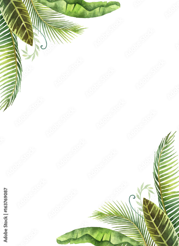 Watercolor frame tropical leaves and branches isolated on white ...