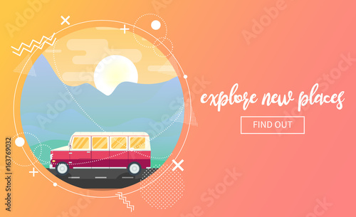Vector travel banner with a van