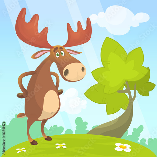 Cool carton moose. Vector illustration isolated on a wood background