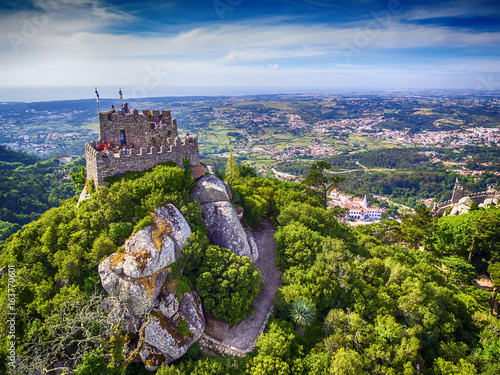 Sintra, Portugal: aerial top view of the Castle of the Moors, Castelo dos Mouros, located next to Lisbon
 photo