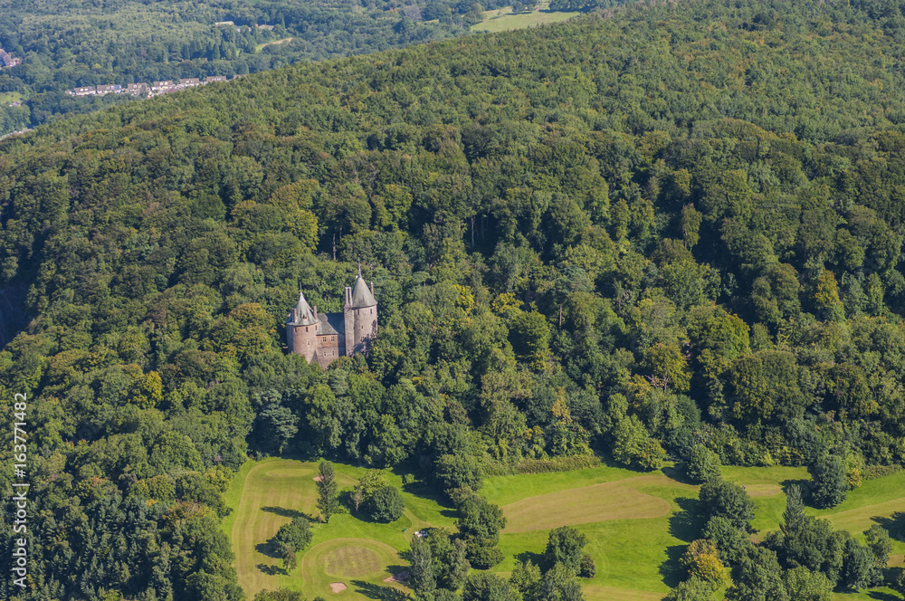 Aerial views of Castle Coch form a helicopter Cardiff, South Glamorgan, Wales, UK 12.08.2017