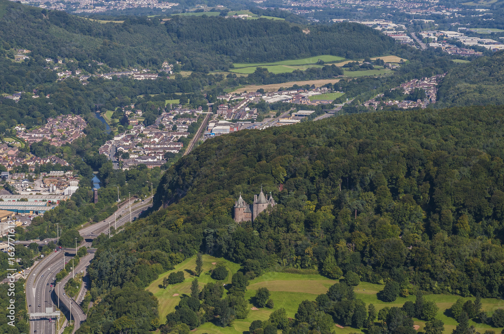 Aerial views of Castle Coch form a helicopter Cardiff, South Glamorgan, Wales, UK 12.08.2017