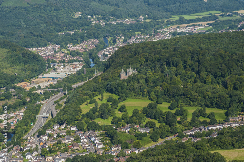 Aerial views of Castle Coch form a helicopter Cardiff, South Glamorgan, Wales, UK 12.08.2017 Aerial views of Castle Coch form a helicopter Cardiff, South Glamorgan, Wales, UK 12.08.2017