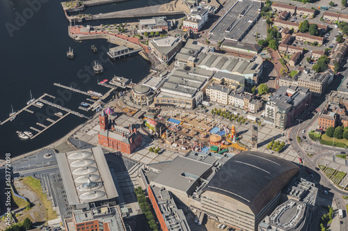 Aerial View of the Welsh capital city of Cardiff from a helicopter captured on 12.08.2015 photo