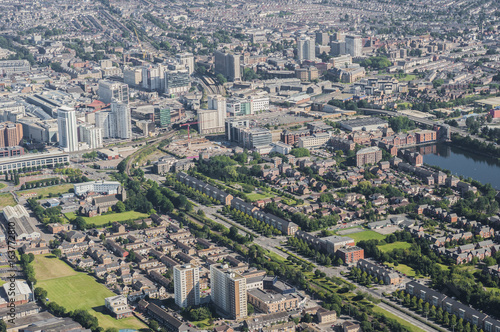 Aerial View of the Welsh capital city of Cardiff from a helicopter captured on 12.08.2015