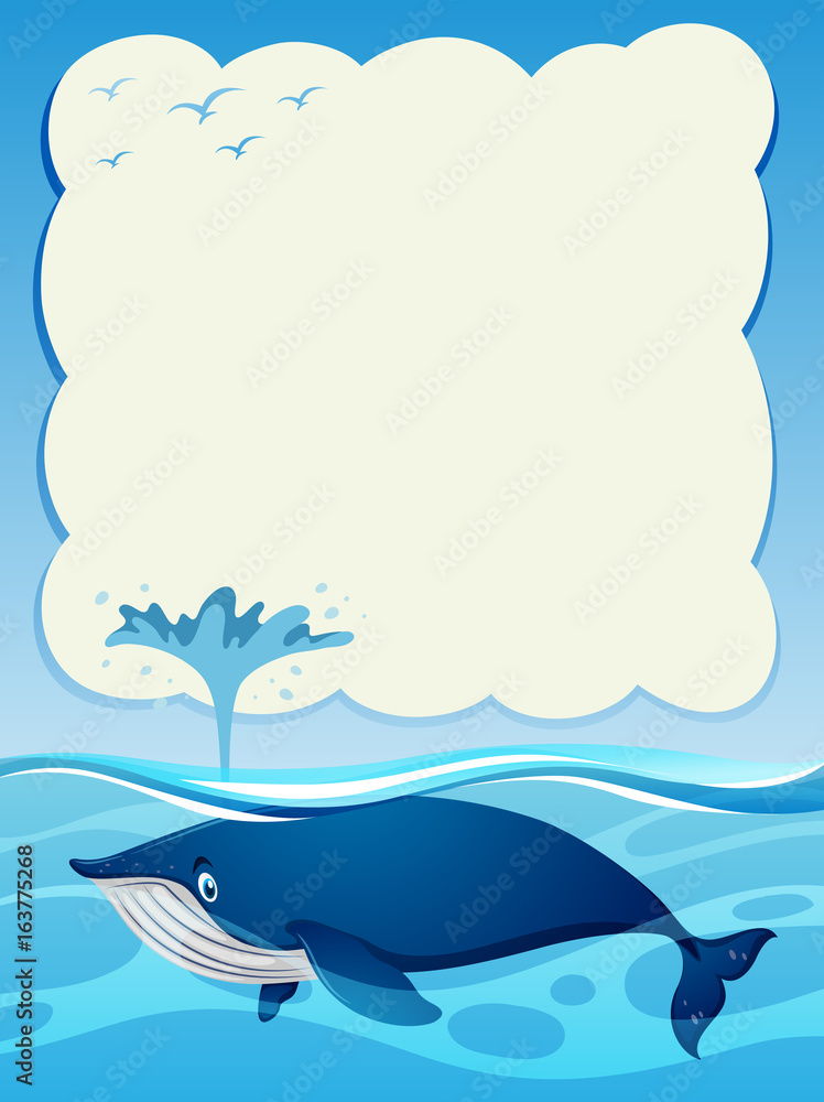 Naklejka premium Border template with blue whale in the ocean