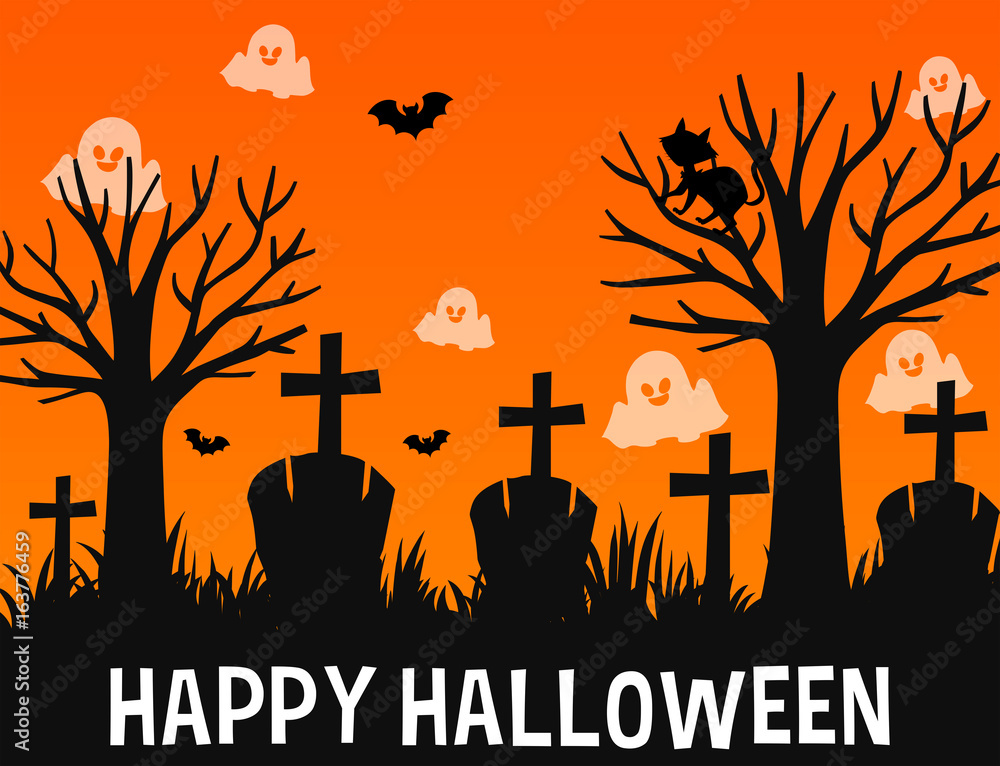 Happy Halloween poster design with ghosts in graveyard