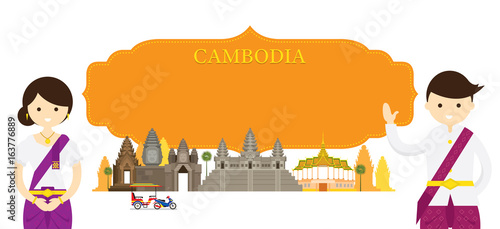 Cambodia Landmarks and people in Traditional Clothing