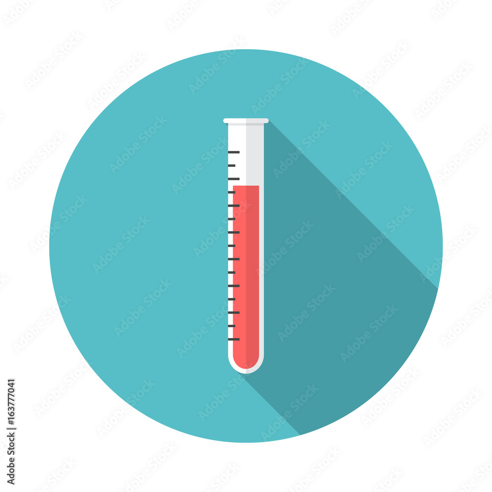 Test tube circle icon with long shadow. Flat design style. Blood test tube simple silhouette. Modern, minimalist, round icon in stylish colors. Web site page and mobile app design vector element. Test tube circle icon with long shadow. Flat design style. Blood test tube simple silhouette. Modern, minimalist, round icon in stylish colors. Web site page and mobile app design vector element.