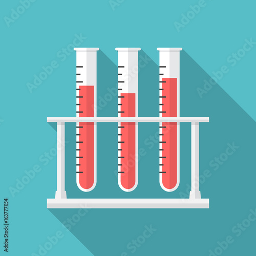 Test tubes icon with long shadow. Flat design style. Blood test tubes simple silhouette. Modern, minimalist icon in stylish colors. Web site page and mobile app design vector element.