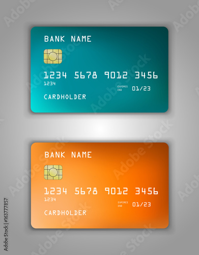 Vector set Realistic credit bank card mockup. gradient spiral pattern. Orange, green, sea wave, yellow, sky blue