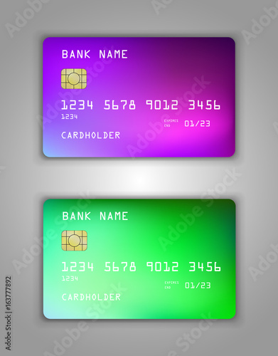 Vector set Realistic credit bank card mockup. gradient spiral pattern. Lilac, green, blue, purple