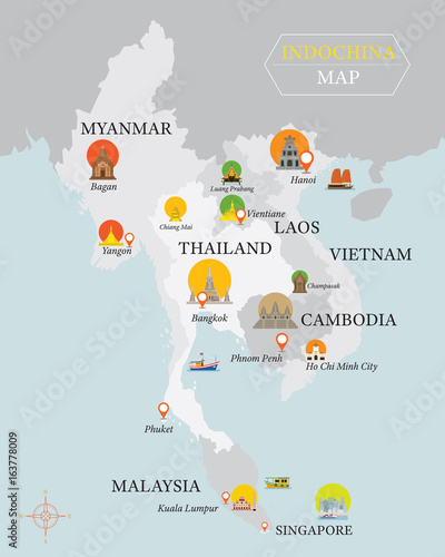 Indochina Map with National Capital Landmarks Icons photo