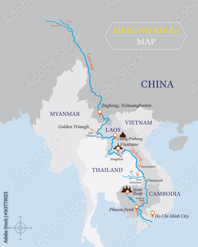 Mekong River Map with Country and City Location photo