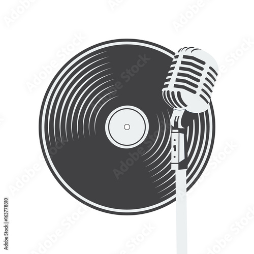 Retro party poster. Design template with a vintage microphone and vinyl records on the background.