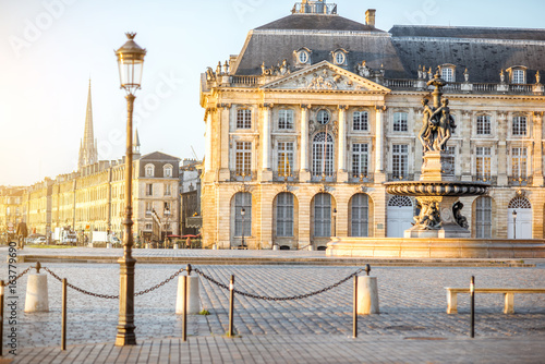 View on the famous La Bourse square with fountain during the morning in Bordeaux city, France