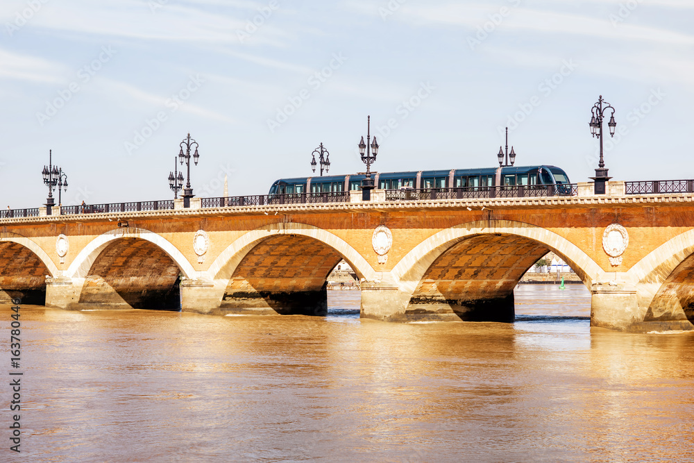 View on the famous saint Pierre bridge in Bordeaux city, France