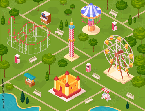 Amusement Park Isometric Seamless Pattern