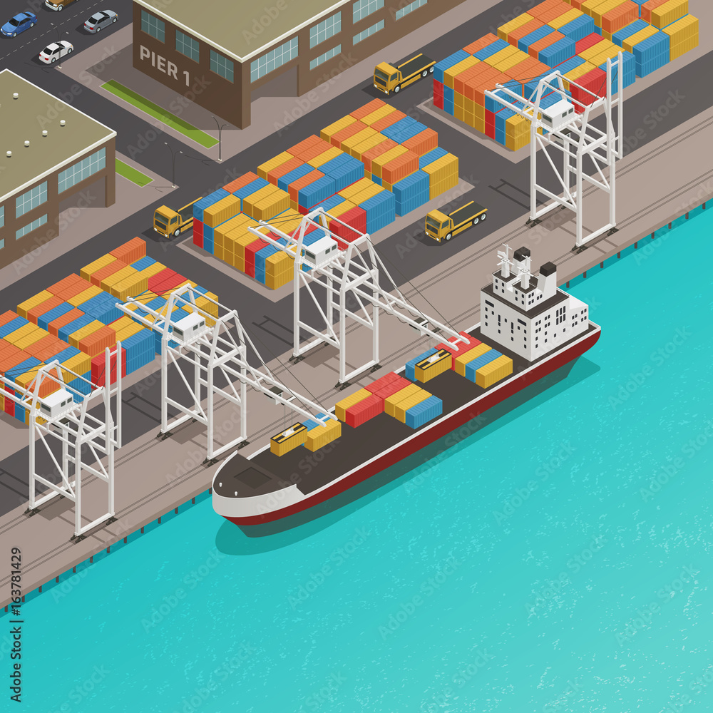 Naklejka premium Freight Barges Harbor Wharf Isometric
