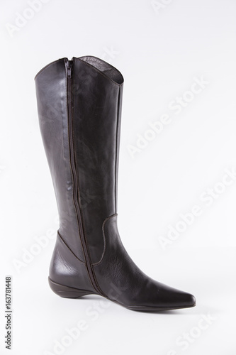 Female Brown Boot on White Background, Isolated Product, Top View, Studio.