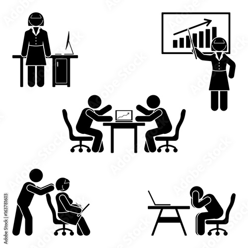 Stick figure office poses set. Business finance workplace support. Working, sitting, talking, meeting, training, discussing vector pictogram