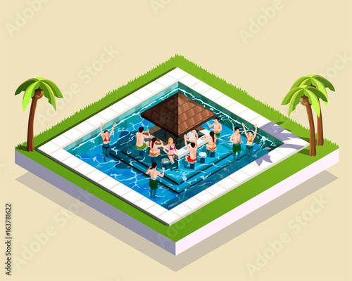 Friends In Water Park Isometric Illustration