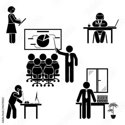 Stick figure office poses set. Business finance workplace support. Working, sitting, talking, meeting, training, discussing vector pictogram