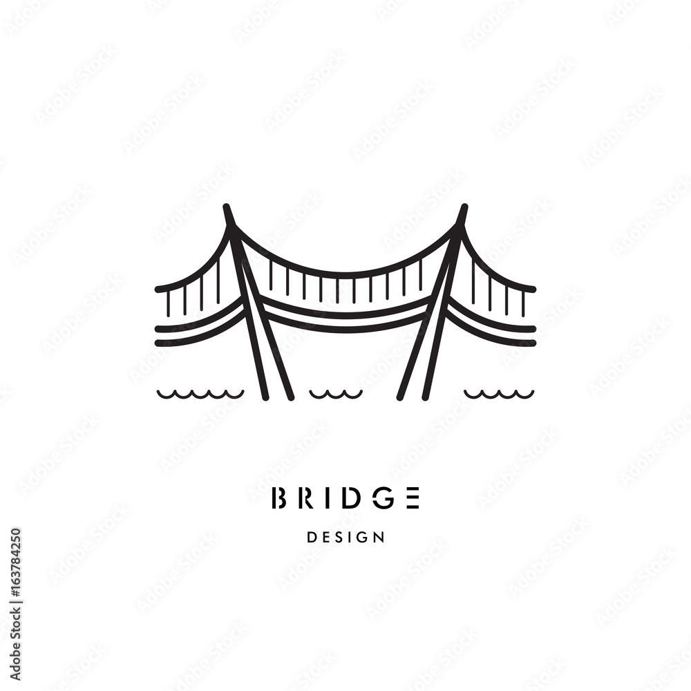 Fototapeta Logo z wizerunkiem mostu wiszącego na stalowych linach. Wektor logo mostu na białym tle