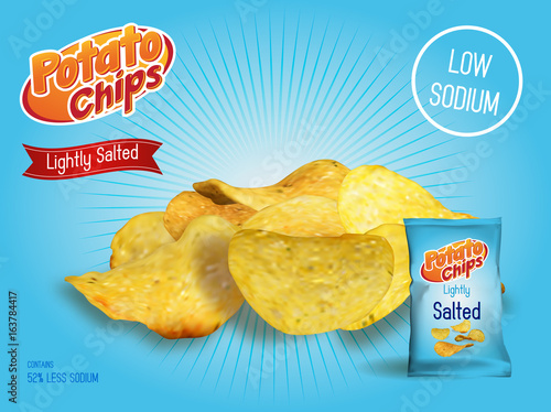 Vector design template for Chips advertising. Package with place for design. Chips on light background. 3d illustration