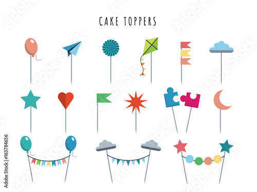 Set of decorative toppers for decorating cakes and cupcakes, and other baked goods from dough. Vector illustration of decoration for children parties and birthdays cake toppers.