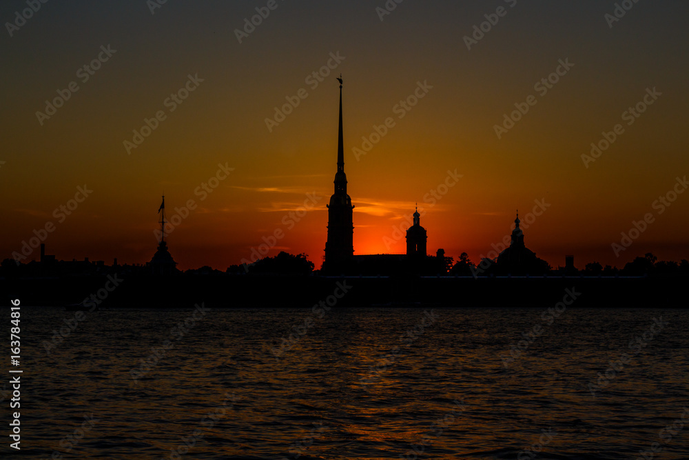 Sunset in St. Petersburg/ View of the Peter and Paul Fortress in St. Petersburg, Russia