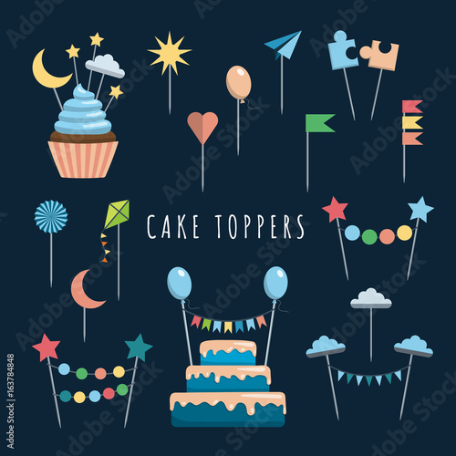 Set of decorative toppers for decorating cakes and cupcakes, and other baked goods from dough. Vector illustration of decoration for children parties and birthdays cake toppers.