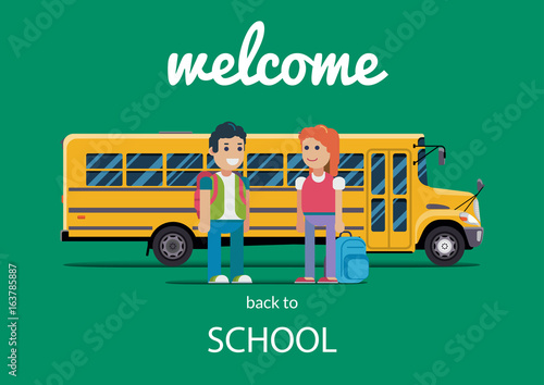Children get on school bus. Vector flat illustration