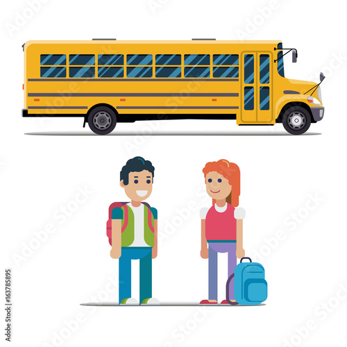 Children get on school bus. Vector flat illustration