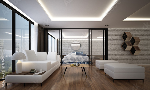 The interior 3d rendering design of modern luxury living room and bedroom and white brick wall 