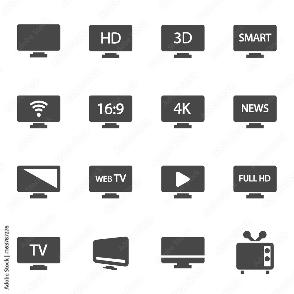 Vector black tv icons set Vector black tv icons set