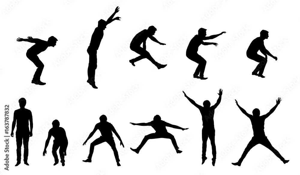 Set of vector silhouettes of young man in motion and jumping, isolated on white background Set of vector silhouettes of young man in motion and jumping, isolated on white background