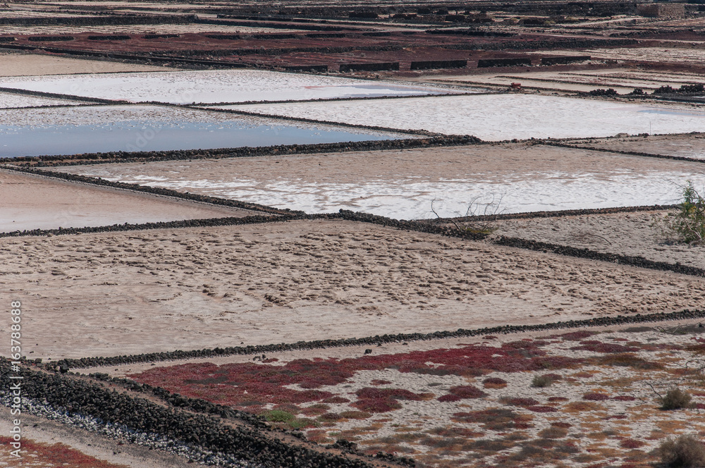 Geometric and colorful salt pan on the coast of Lanzarote, Canary Islands
