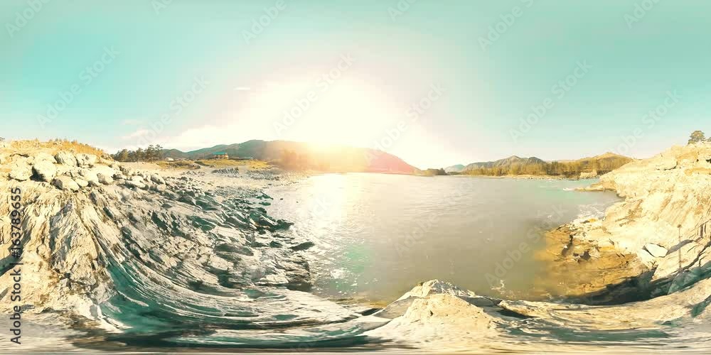 UHD 4K 360 VR Virtual Reality of a clear fast river flows over rocks in beautiful mountain landscape in the Altai mountains forest in autumn or summer day. UHD 4K 360 VR Virtual Reality of a clear fast river flows over rocks in beautiful mountain landscape in the Altai mountains forest in autumn or summer day.