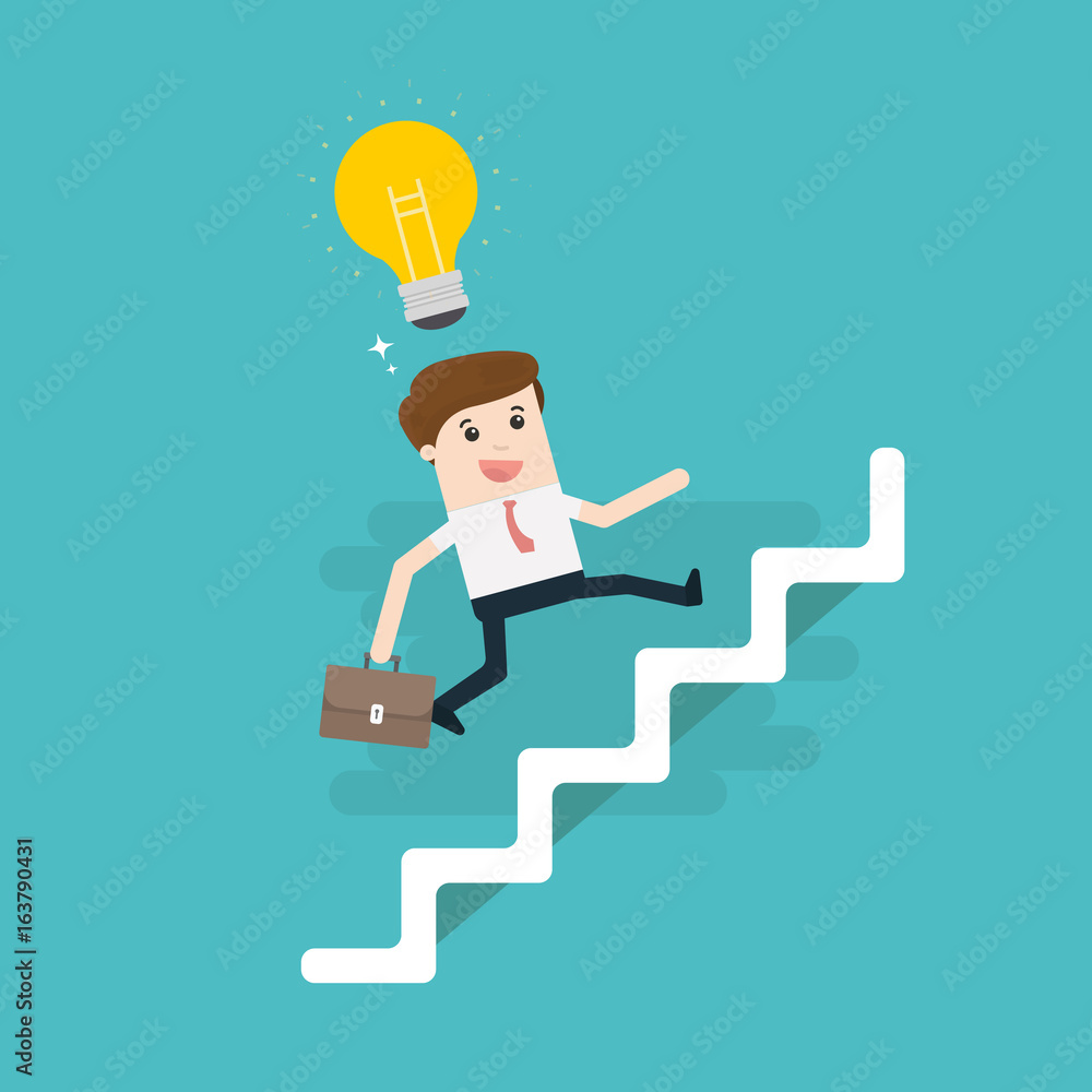Businessman with suitcase climbing the stairs of success. Flat style