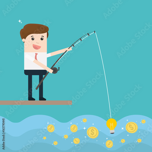 Businessman fishing dollar money. Innovation, strategy and investment concept. Idea attracting money and money attracting ideas.